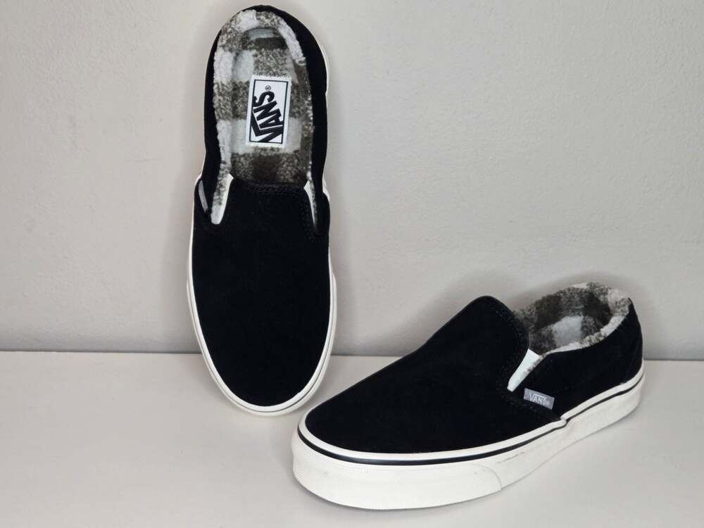 Vans Classic Slip-On Cozy Hug Black/White Sherpa-Lined Suede Sneakers